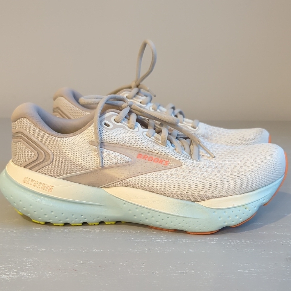 Women's Brooks Glycerin 21 Wide Coconut/Aqua/Autumn Sunset size 9.5 - Picture 2 of 9